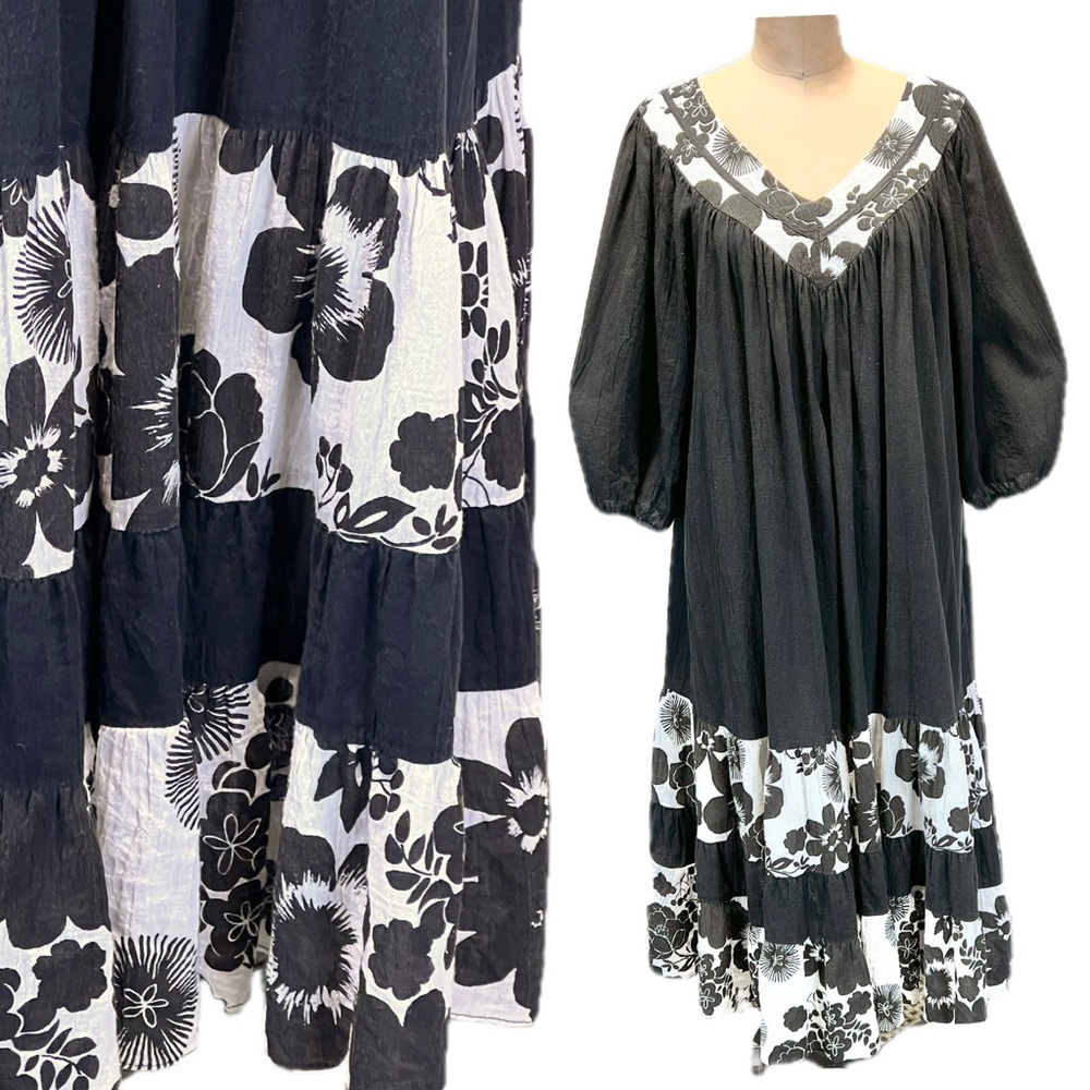 floral ruffle tiered dress balloon sleeves v neck open back midi full a-line